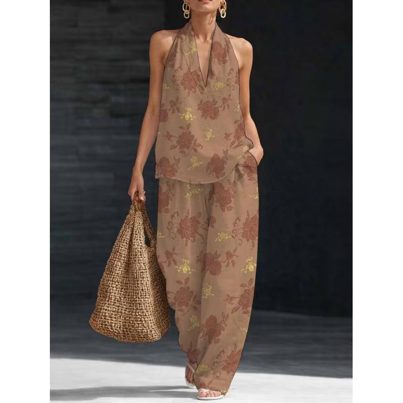 1116 Summer Cool Neck Suit Women's Temperament V-Neck Off-Shoulder Top + High Waist Wide Leg Pants Two-piece Set