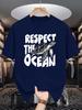 Male White Round Neck T Shirt Retro Respect The Ocean Slogan Hand Drawn Sea Turtle Print Ocean Protection Lover Daily Cotton Tee