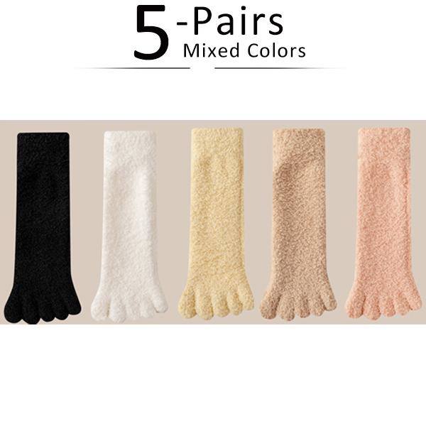 

5 пар зимних толстых коротких носков с пальцами, кораллового цвета, бархатные, сплошные, сохраняющие тепло, мягкие, эластичные, махровые носки с 5 пальцами для сна дома EU35-39