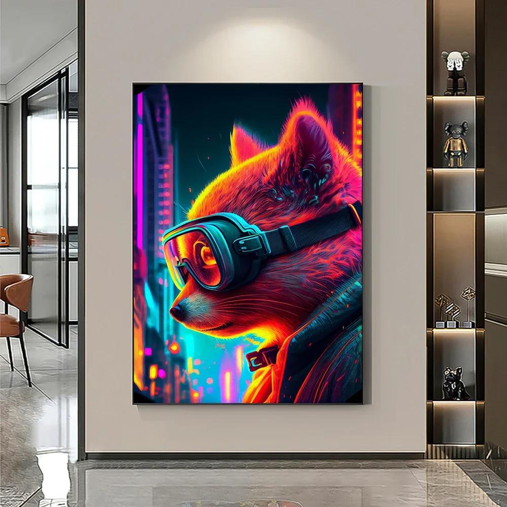 Cyberpunk Style Future Fantasy Lion Monkey Agent Animal Poster Wall Art Canvas Painting for Living Room Home Decoration