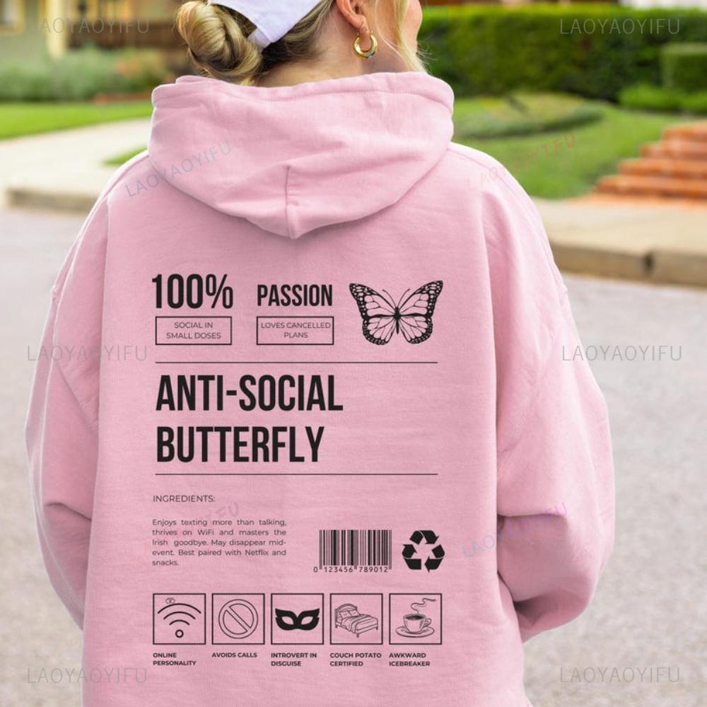 Anti Social Butterfly Hoodie Funny Mental Health Back Print Gift for Her Coquette Introvert Aesthetic Loose Autumn Streetwear S
