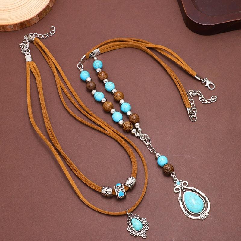 Vintage Multi-layer Women's Leather Rope Necklace Ethnic Style Turquoise Pendant Collarbone Chain Bohemian Jewelry Accessories