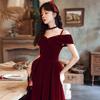 French One-word Shoulder Toast Dress Bridal Velvet Light Luxury Engagement High-end Burgundy Wedding Evening Dress Dress High-end Sense