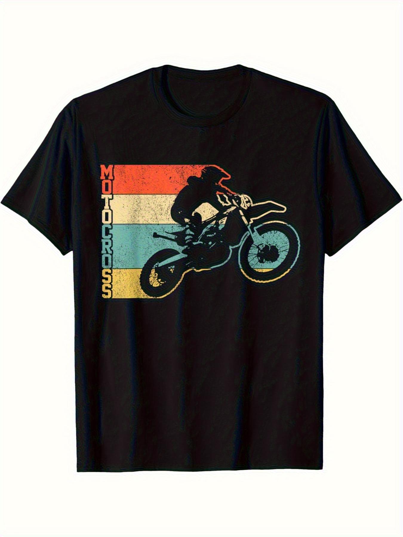 Retro Motocross Graphic T-shirt - Retro Dirt Rider And Stripe Design S