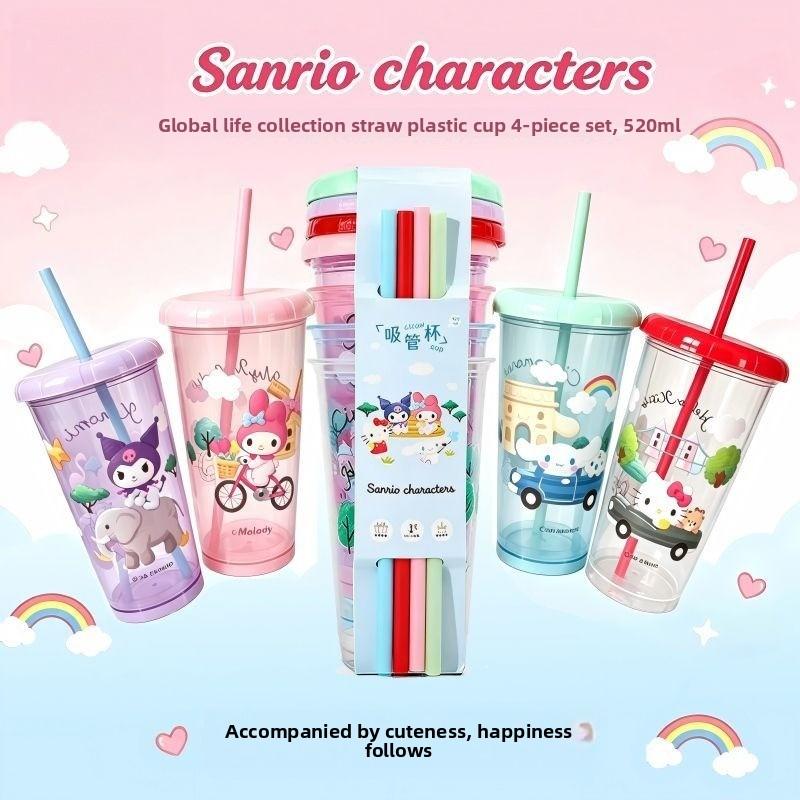 Genuine Sanrio Four-Piece Straw Cup Global Life Series Plastic Straw Water Cup Sharing Set For School Students