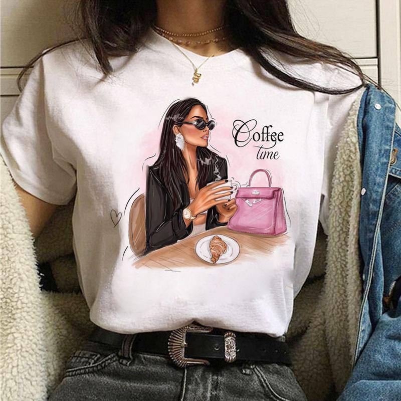 Summer Fashion Coffee Girl Urban Base Shirt Round Neck Pure Cotton Short Sleeved Women's T-Shirts Women’s