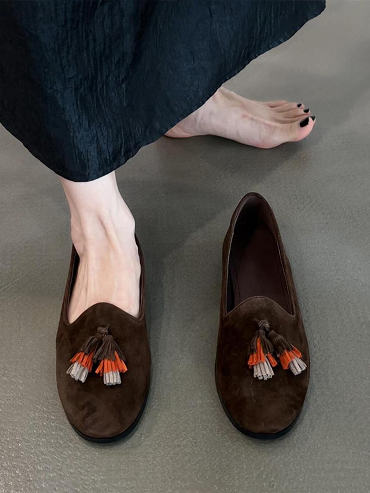 

Sheepskin version~ retro niche suede fringed flat bottom round head loafers women s 2025 new autumn versatile single shoes 40 коричневый