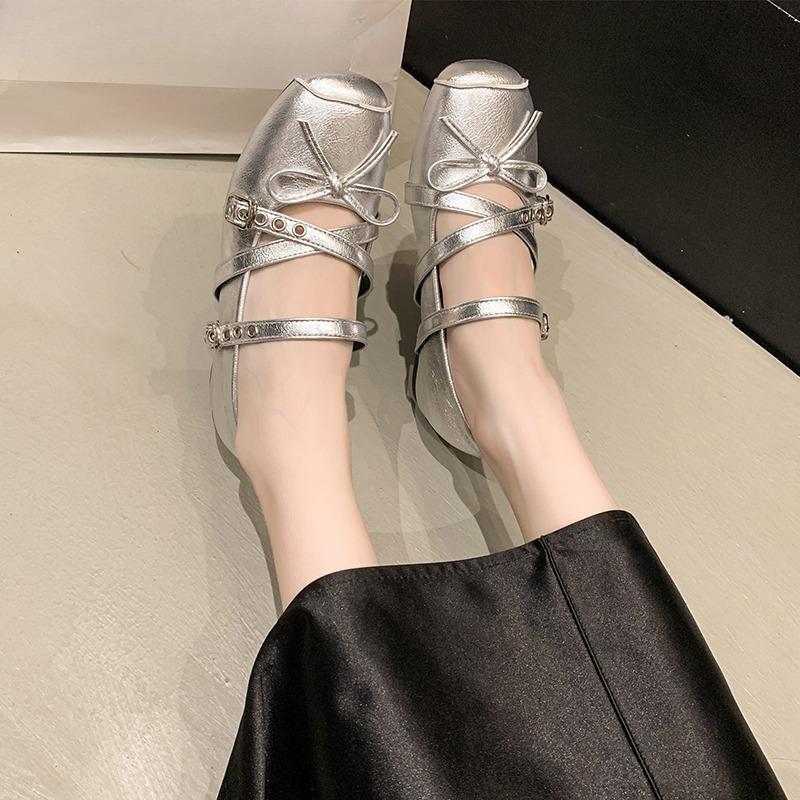 Fashion Inside Heightened Single Shoes Women's Fall New French Square Toe Shallow Rivet Bow Mary Jane Ballet Shoes