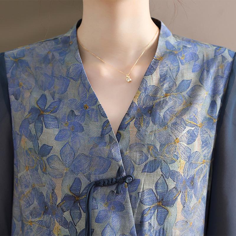 Summer Chinese-Style Blouse & Midi Skirt Set for Middle-Aged Women