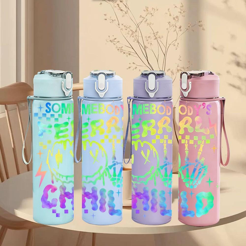1PC Merry Merry Merry Child Rainbow Print 750ml Color Plastic Sports Water Bottle Leakproof Flip Straw Lid Suitable for Sports Office Home Use