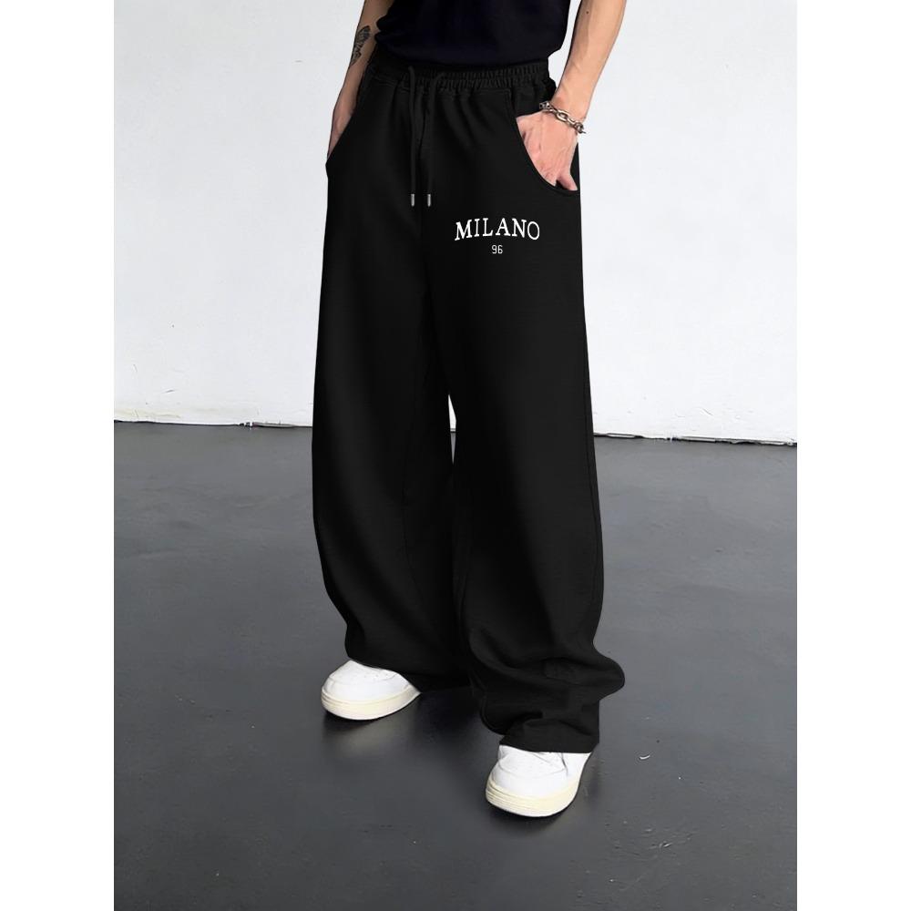 Men s Casual Straight Leg Pants Fabric Loose Casual Sports Pants Fashionable Letter Print Design Drawstring Wide Leg Pants S