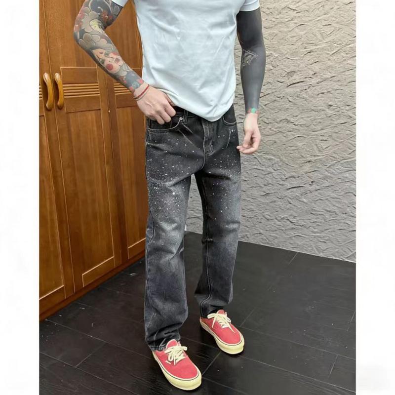 American high street hot diamond jeans men's Gypsy straight wide-leg scimitar pants trendy brand ruffian handsome fried street micro-pull pants