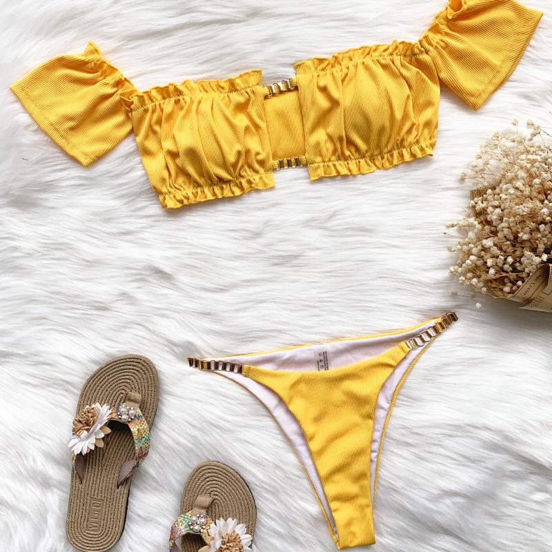 Costume da bagno da donna in pizzo tinta unita manica corta bikini sexy catena perizoma costumi da bagno brasiliani da spiaggia
