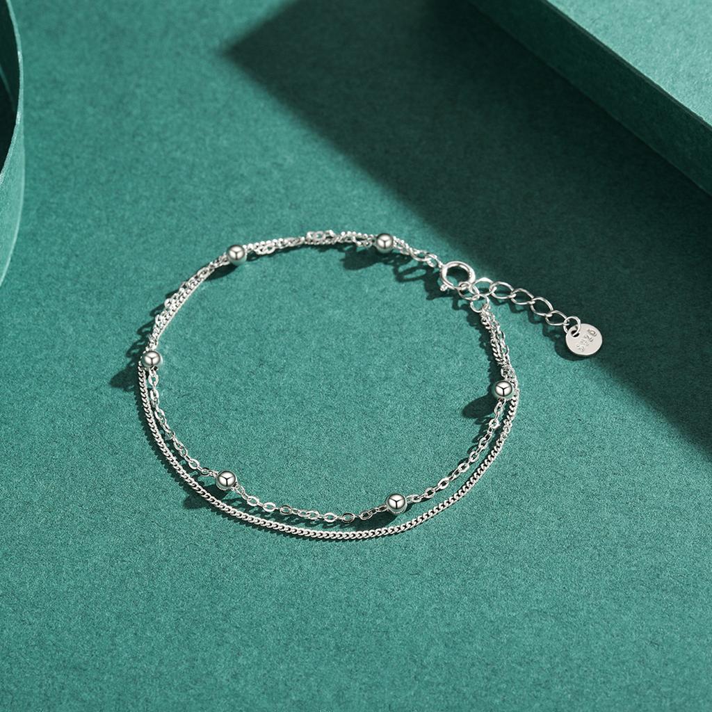 Silver Double Layer Beads Link Chain 100% 925 Sterling Silver Trendy Simple Female Bracelet for Women Wedding Jewelry