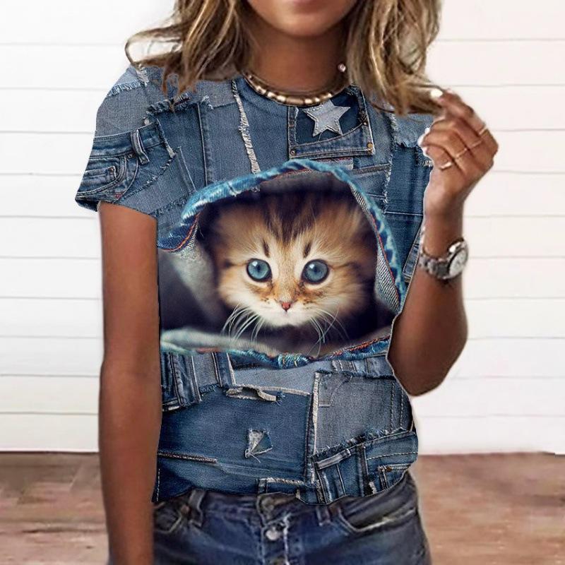 3D Cat Cartoon Couple Trendy Brand Women's T-shirt Short Sleeve T-shirt