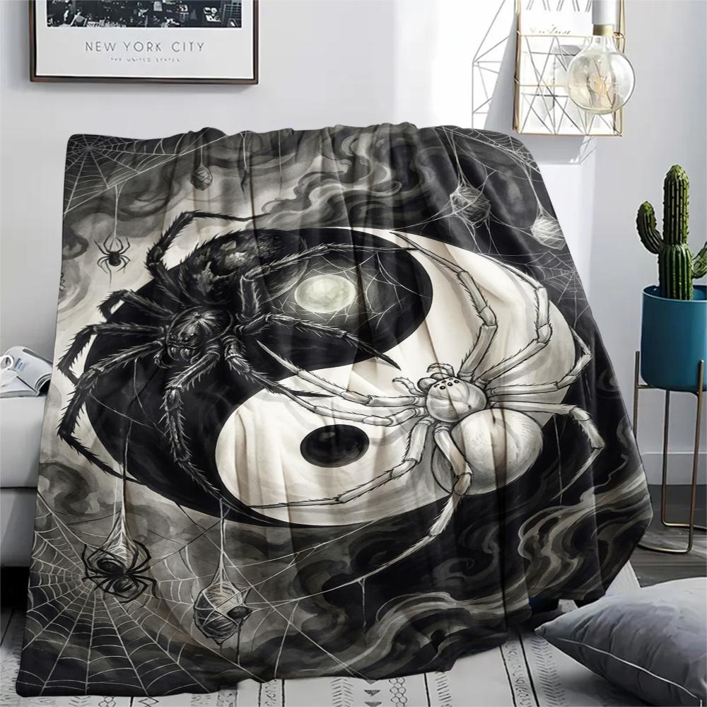 1Pc Dark Spider Print Flannel Blanket, High quality Comfortable for All Seasons, Home Decor, Warmth and Comfort, Perfect for Christmas Gifts W89
