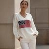 European and American Loose V-neck Knitted Sweater Women's American Flag Large Size Long-sleeved Jumper Solid Color Autumn and Winter New Models