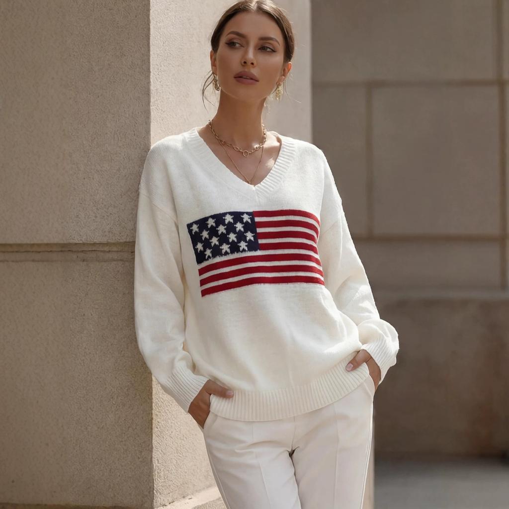 European and American Loose V-neck Knitted Sweater Women's American Flag Large Size Long-sleeved Jumper Solid Color Autumn and Winter New Models