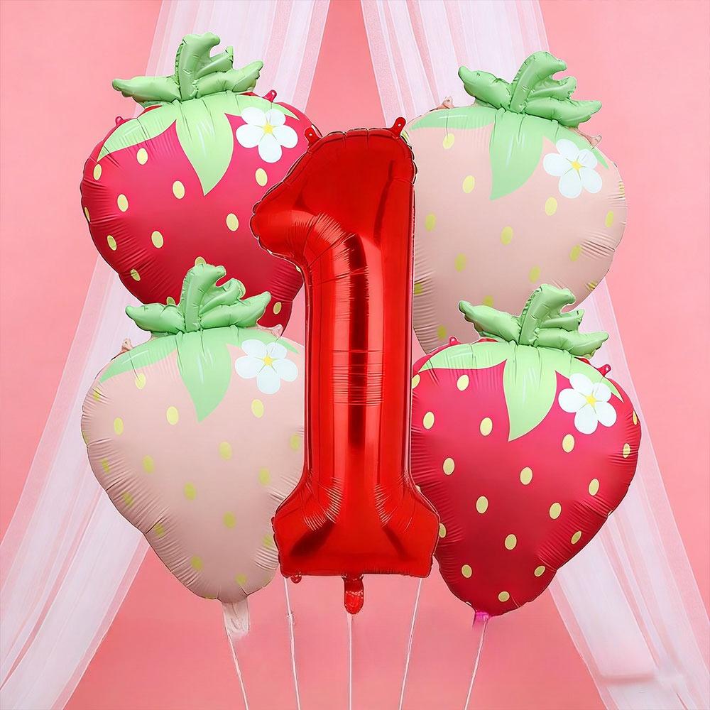 5pcs Red Pink Strawberry Balloons 32 Inch Number 1 Birthday Balloon Set 1st Celebrations Baby Shower Decoration Photo Props