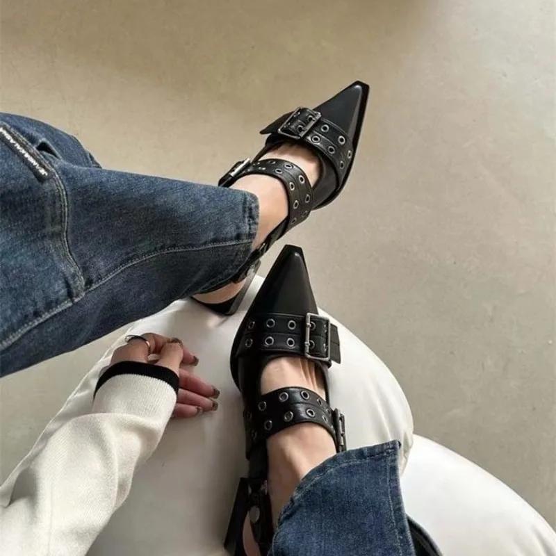 New Women Chunky Sandals Summer Shoes Fashion Mid Heels Pointed Toe Party Shoes Brand Casual Shoes Mujer Slippers Zapatos