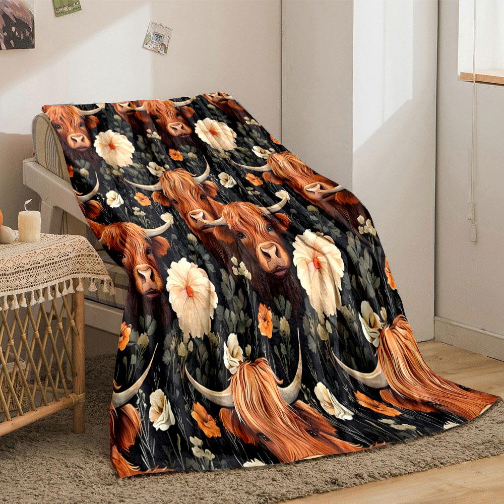 Highland Cow Floral Print Blanket bedroom Blanket for Livingroom Couch lunch break Soft throw for Friend's festival Gift