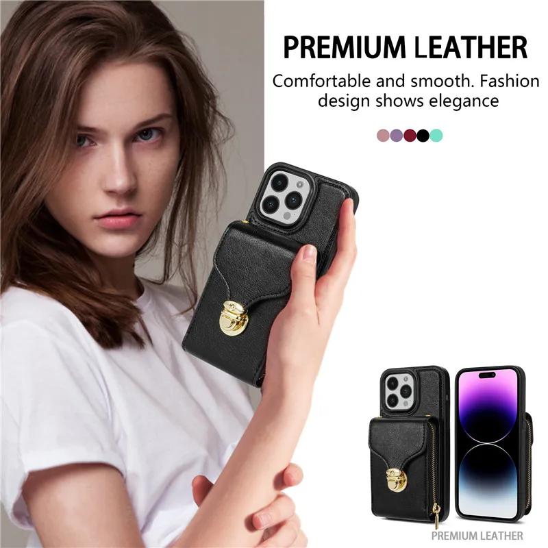 Crossbody Lanyard Leather Zipper Wallet Phone Case for iPhone 17 Air 16E 16 Pro Max 15 Plus 14 13 12 11 XS XR X Flip Stand Cover