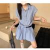 Blue Striped Shirt Dress Women's Summer New Small College Style Waist Pleated Skirt