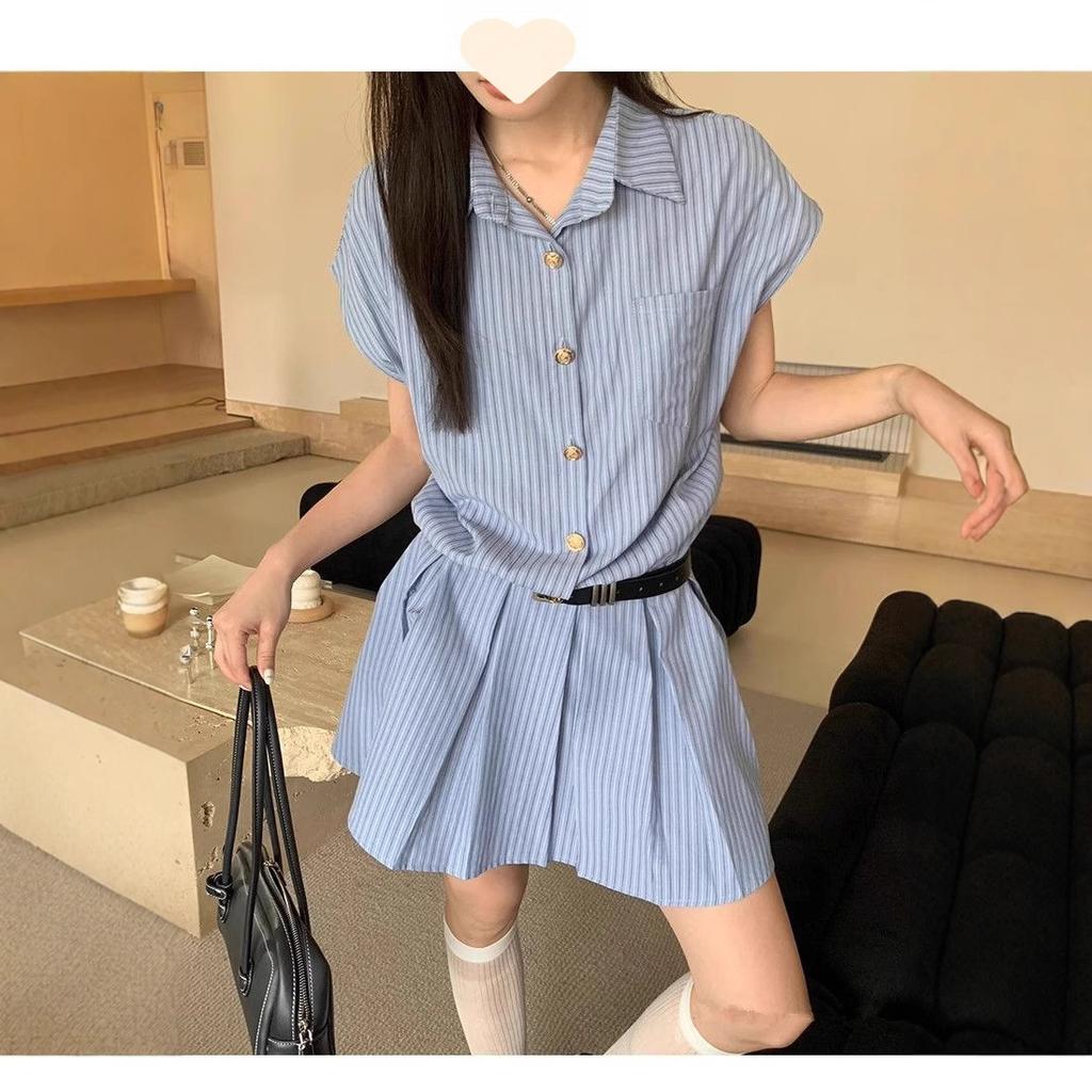 Blue Striped Shirt Dress Women's Summer New Small College Style Waist Pleated Skirt