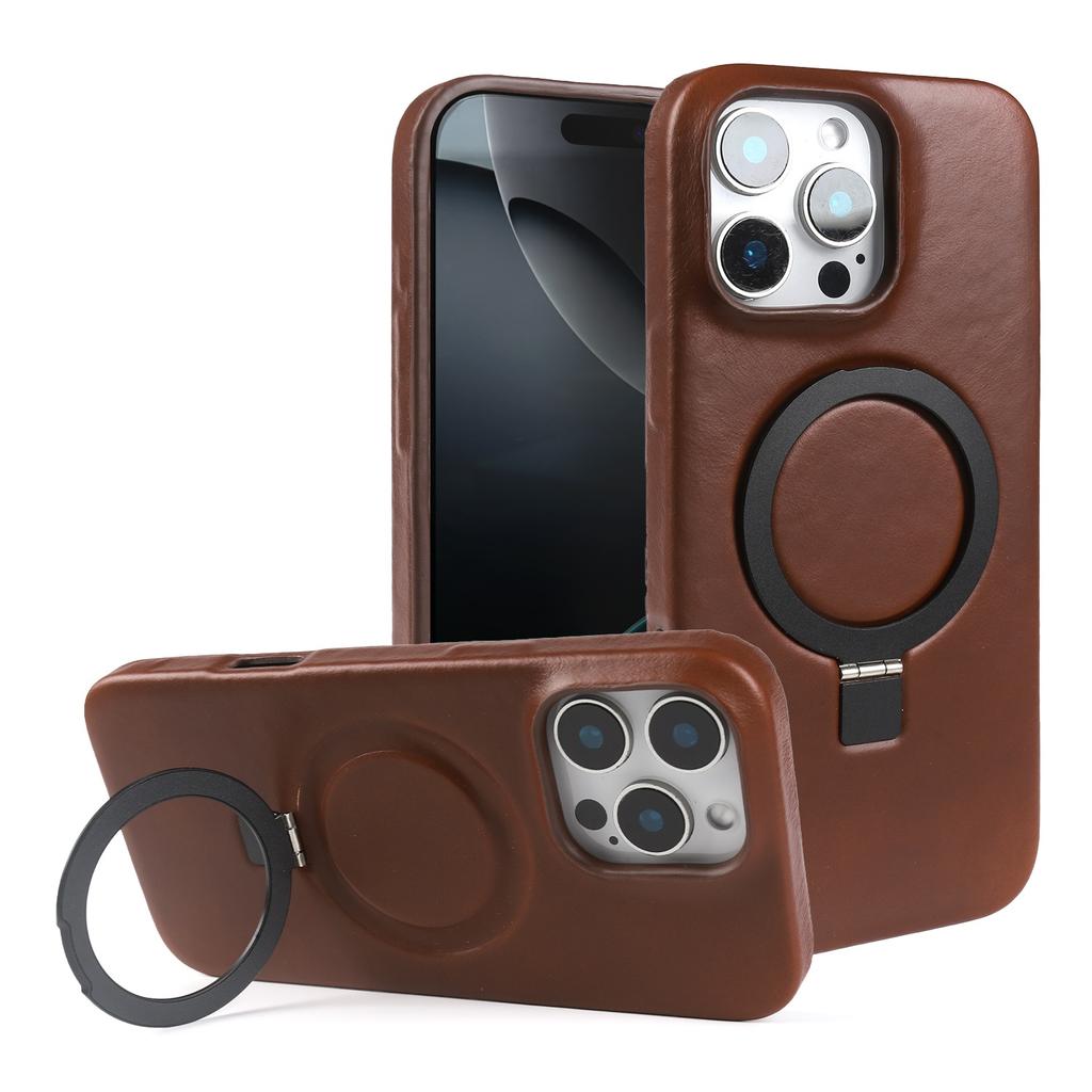 Stand Bracket Genuine Leather Case For iphone 16 Pro Max 16e 15pro 14 13 12 11 Full Wrapped Phone Cases Cover+Magnetic Holder