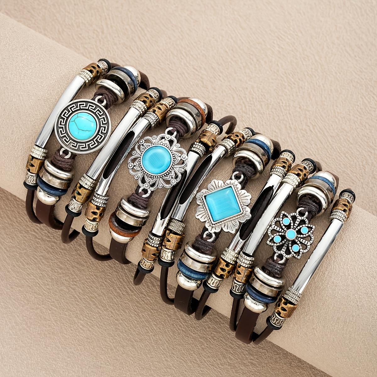 

Комплект из 4 мужских браслетов в богемном стиле из бирюзы и искусственной кожи - подойдет для повседневного ношения или в качестве подарка друзьям