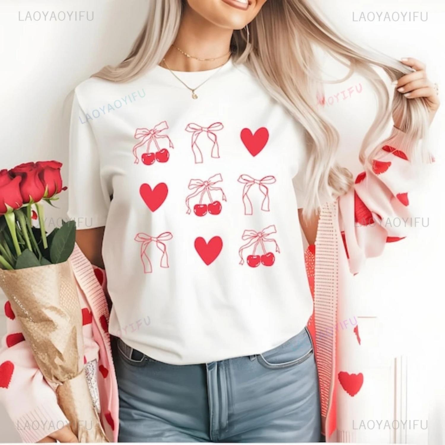 

Valentine s Day Cherry Coquette Bow Woman Graphic T Shirts Girlfriend Gift High Quality Cotton T-shirt Cute Casual Short-sleev XXXXXL