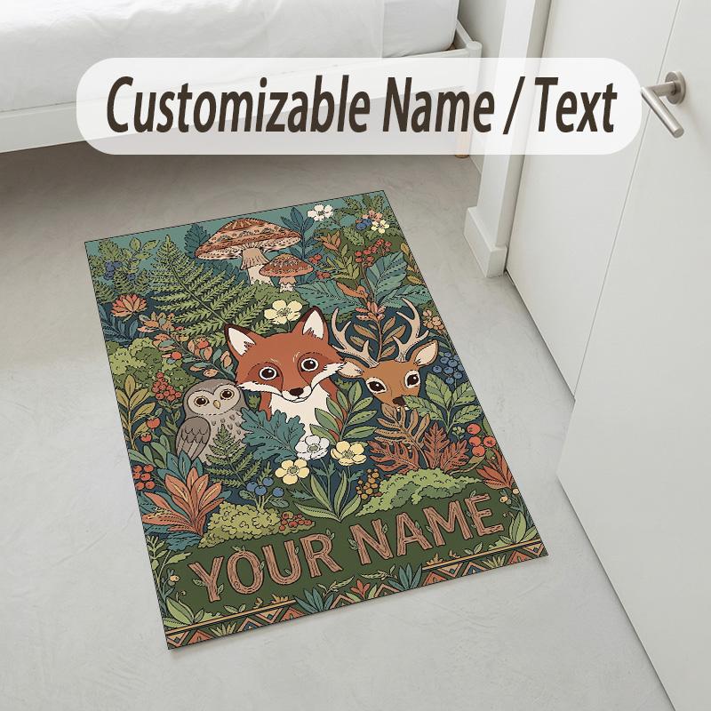 Forest Fox Theme Soft Crystal Velvet Rug Custom Name & Text Print Non Slip Floor Rug for Bedroom Living Room