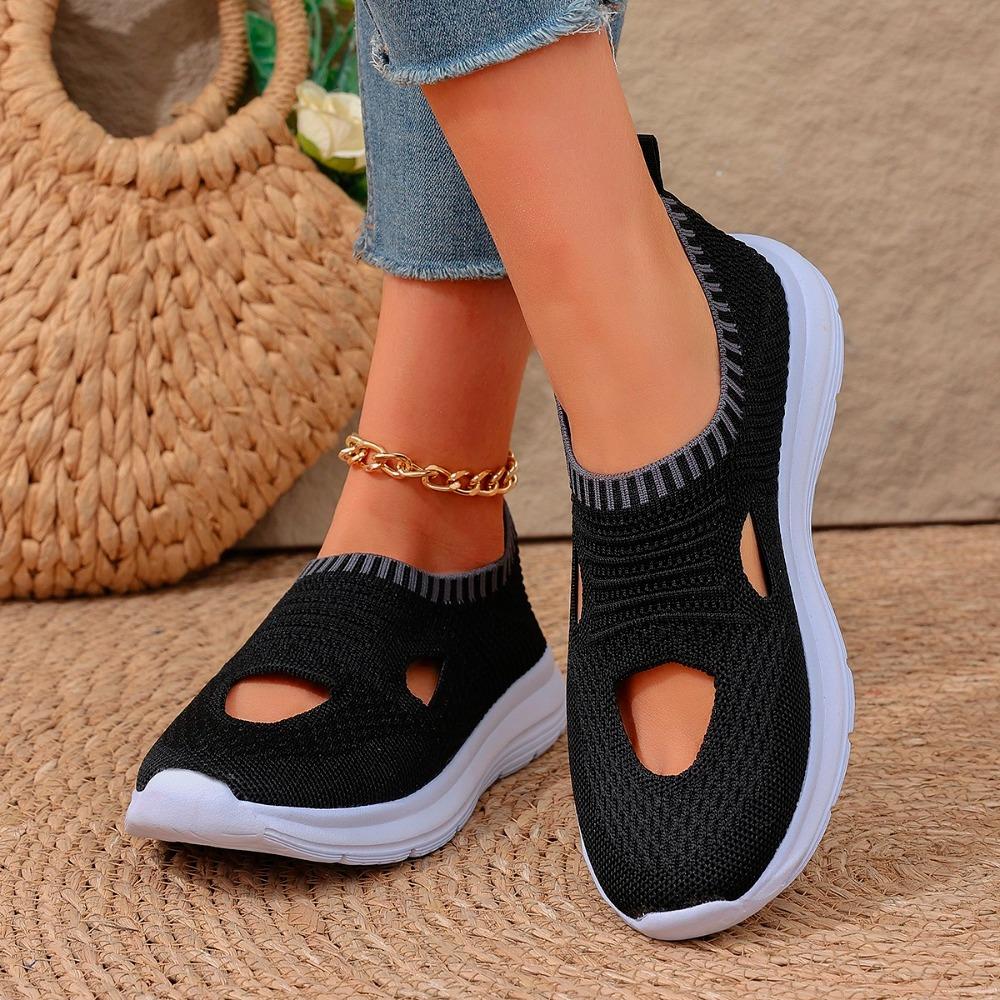 Fashion Soft Sole Knitted Sneakers For Women Breathable Comfort Casual Sports Shoes Woman Lightweight Hollow Out Mesh Flats Summer Shoes
