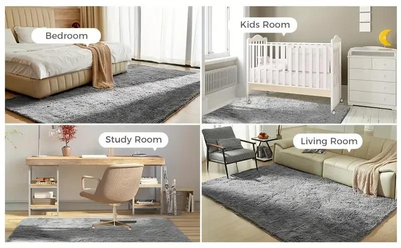 Ultra Soft Fluffy Shag Area Rug, Solid Color Polyester Carpet, Non-Slip Rubber Backing, Machine Made, Stain Resistant, For Livin