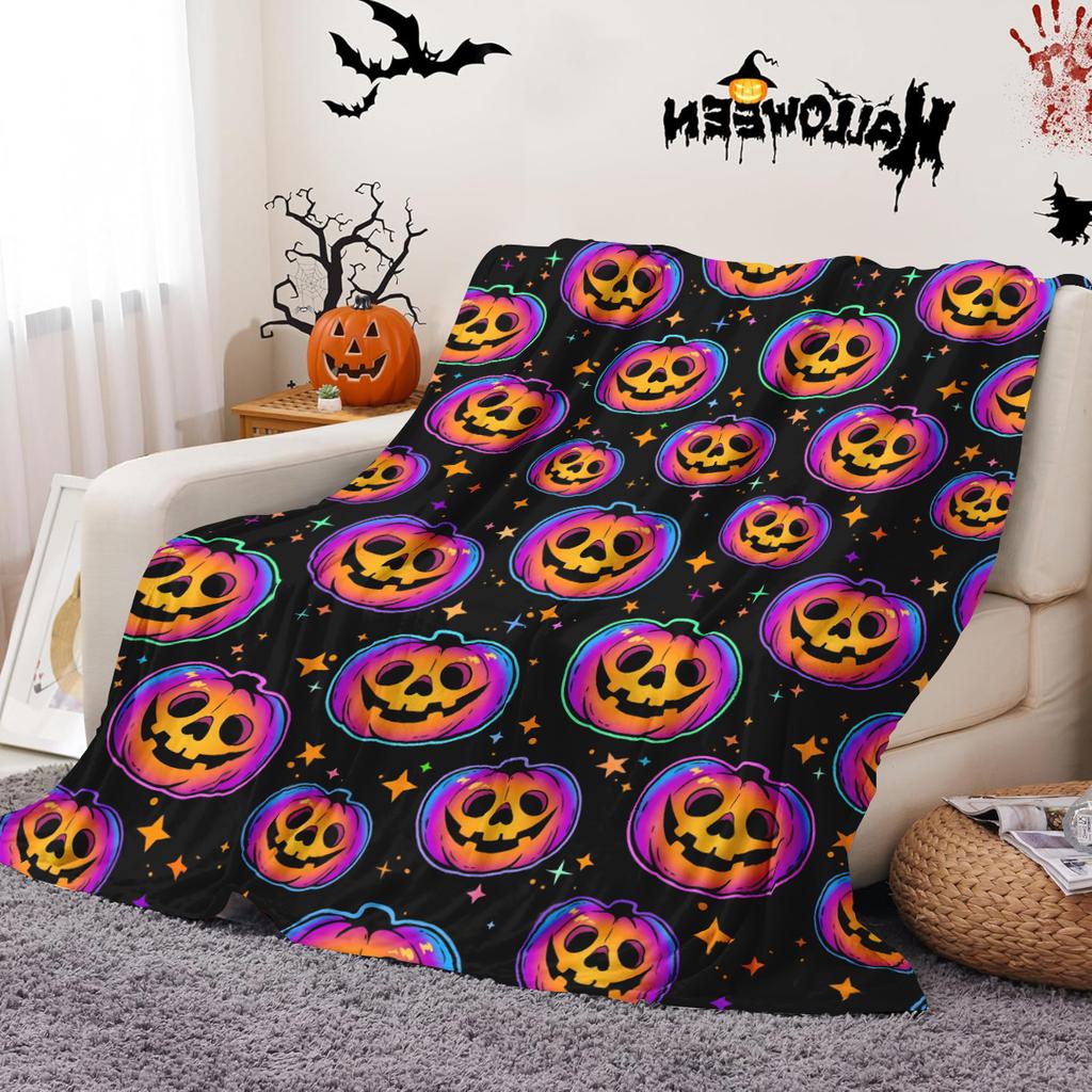 1pc Halloween pumpkin lantern orchid velvet blanket, pumpkin lantern skull print blanket, nap warm small cover blanket