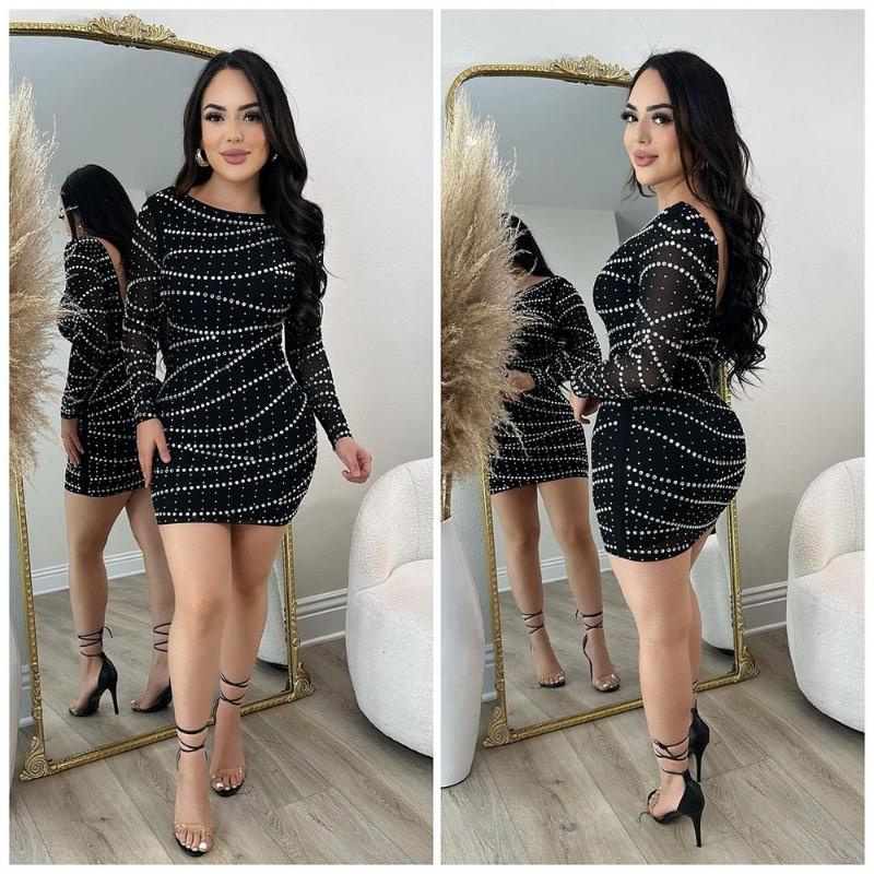 Women's Sexy Round Neck Long Sleeve Hot Drill Bag Hip Party Dress Fashion Halter Short Dress