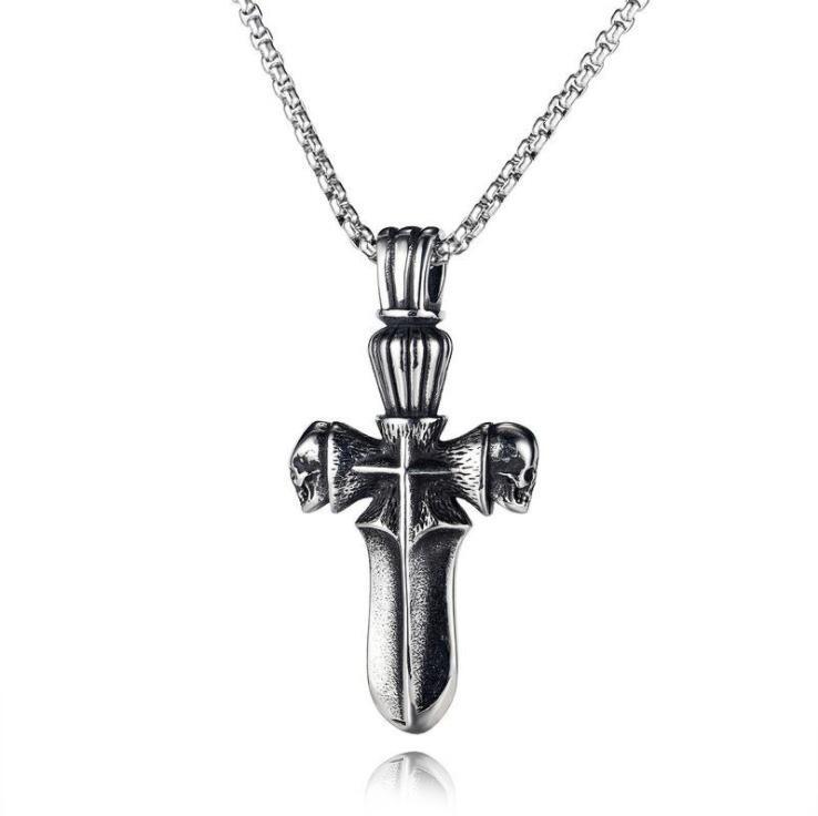 Retro Double Dragon War God Cross Pendant Necklace with Inlaid Diamond - Titanium Steel Jewelry