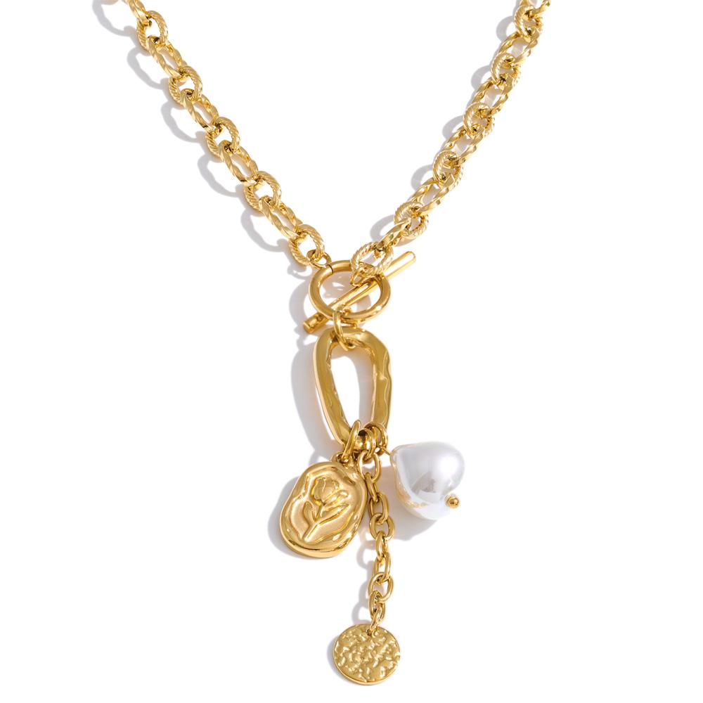 

Yhpup Stainless Steel Imitation Pearls Flower Drop Charm Necklace Tarnish Resistant Metal Statement Chain Fashion Jewelry Gift