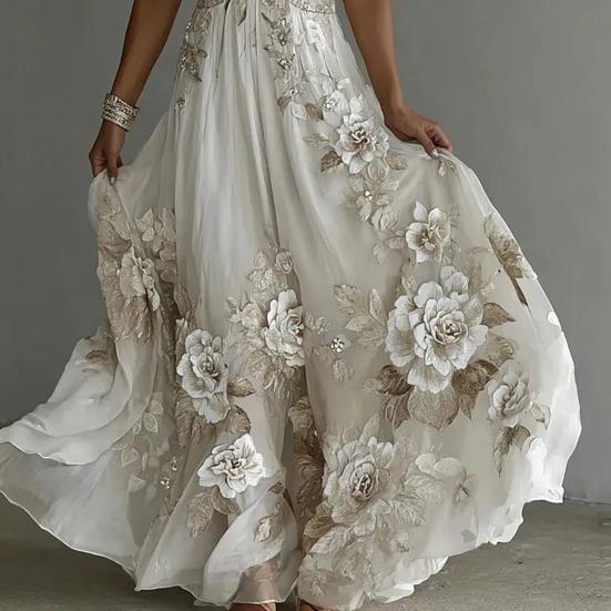 Summer Floral Maxi Dress for Women Short Sleeve V Neck A-line Swing Dress Floral Printed Beach Vacation Sundress