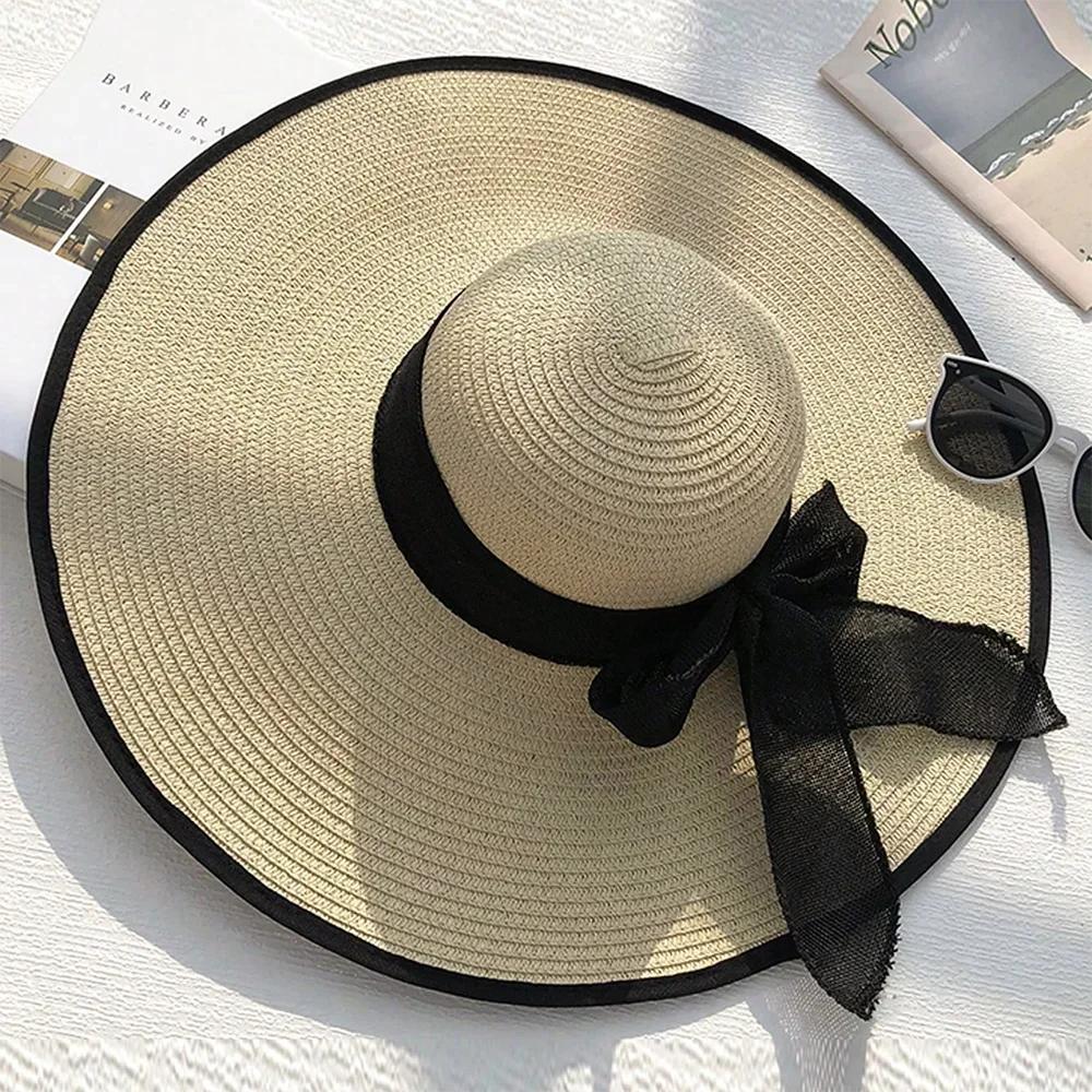 1Pc Women's Seaside Bow Beach Hat Oversize Straw Hat Women's Summer Sun Block Big Brim Hat Suitable For Sun Protection
