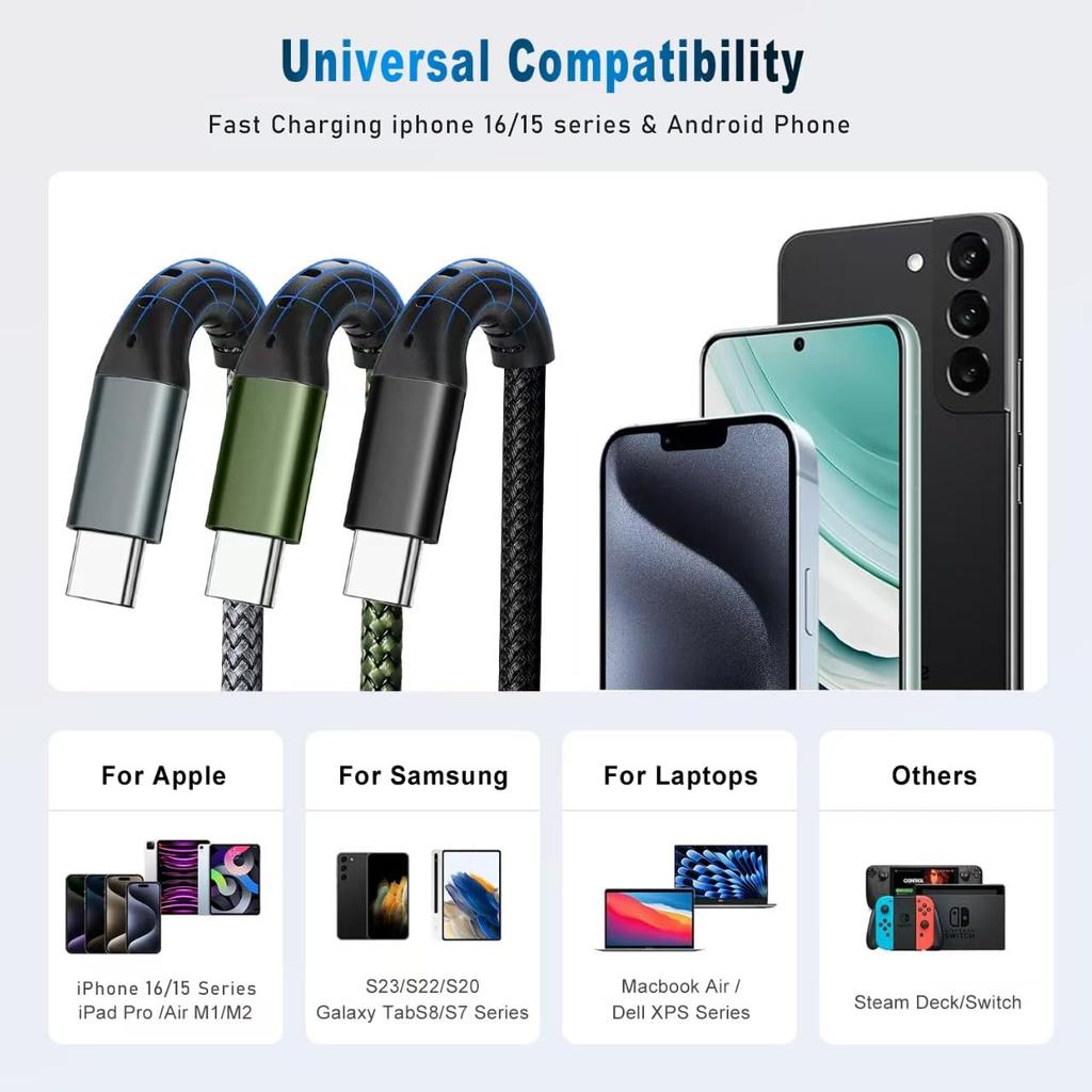 DFLASHS 3-Pack 3FT 60W Type C to Type C Nylon Braided USB C Fast Charging Cable for S23 Ultra/A14/S23/A54, iPhone 16/Pro Max, iPhone 15/Pro Max,