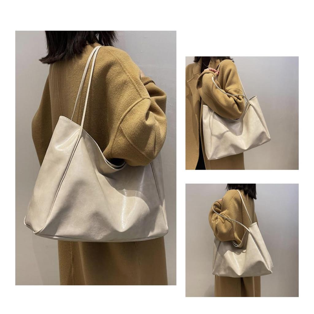 Lotte Lacca Lightweight Large Horizontal Tote Bag, PU Leather, for Men and Women, Large Capacity, A4B5 Capacity, Solid Color (Beige)