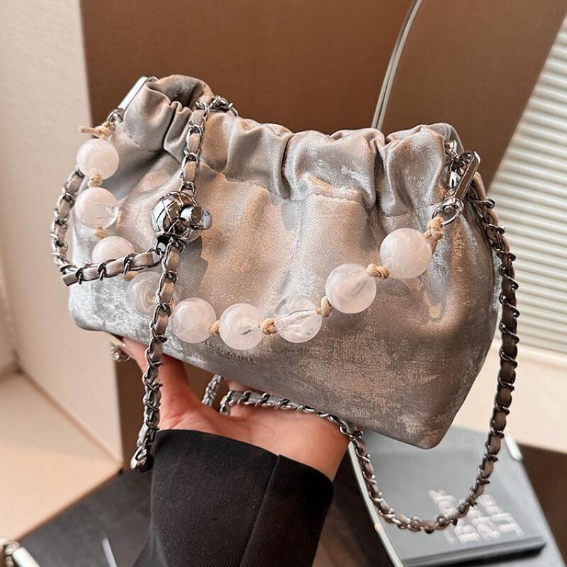 Vintage Pleated Pearl Chain Sling Shoulder Bags Soft Leather Crossbody Bags for Women New Chinese Fashion Female Handbags