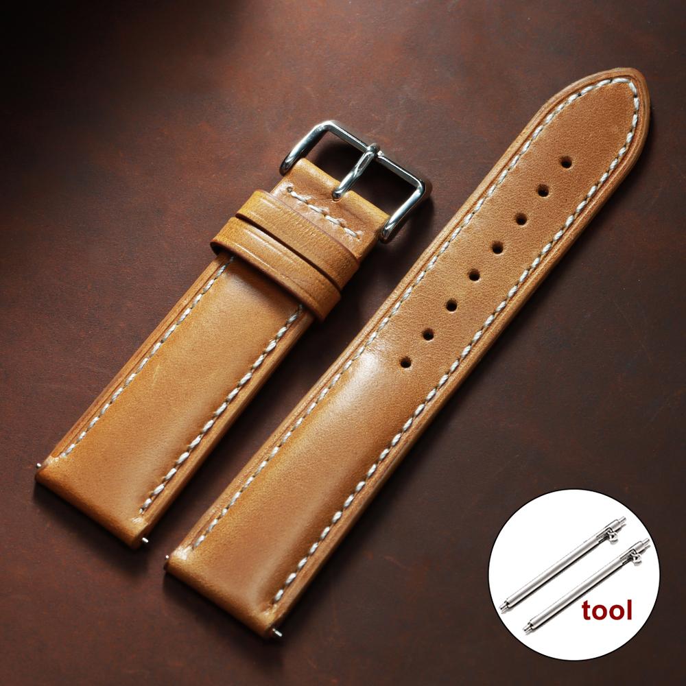 Oil Wax Calfskin Leather Watchband Retro Wrist Strap 18mm 20mm 22mm with Silver Stainless Steel Buckle Soft Material Watch Band