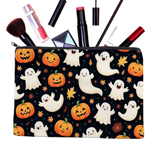 Student Stationery Pencil Pouch Cosmetic Bag, Halloween Pattern Print Makeup Canvas Anti Pilling Bag Zipper Pouch, for Change Data Cable Storage