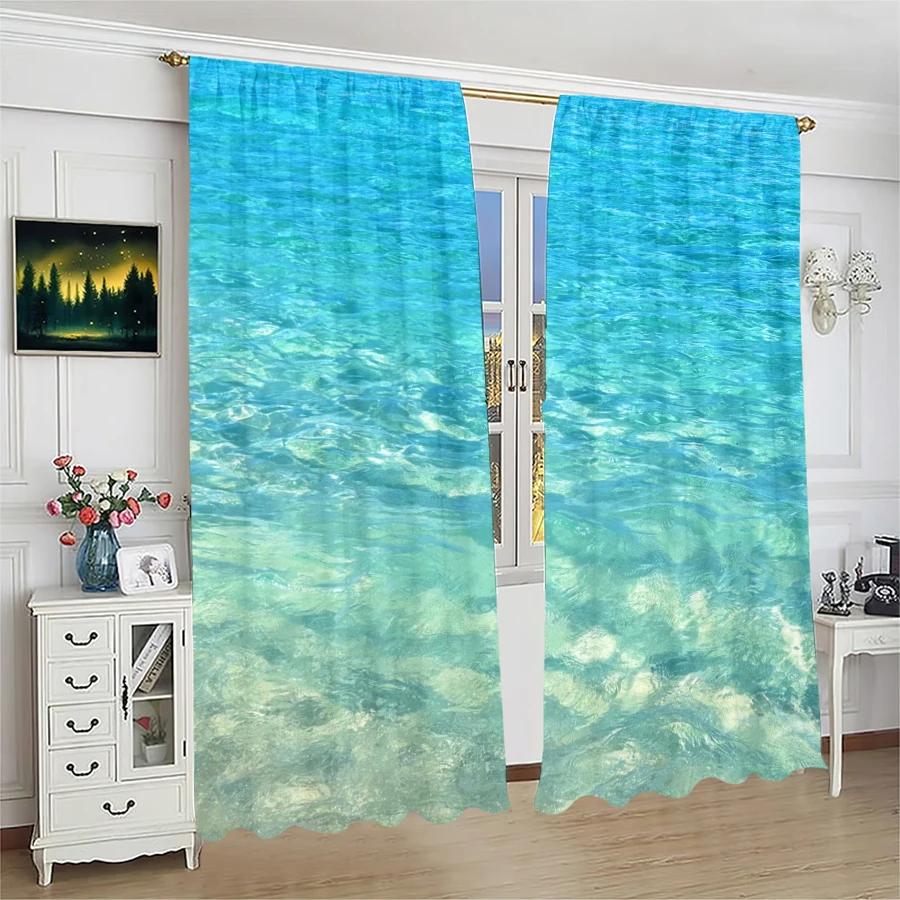 

2 pieces of blue ocean print curtains pole bag curtains Christmas decorations home decorations room decorations 100*130 Grommet Top 1pcs