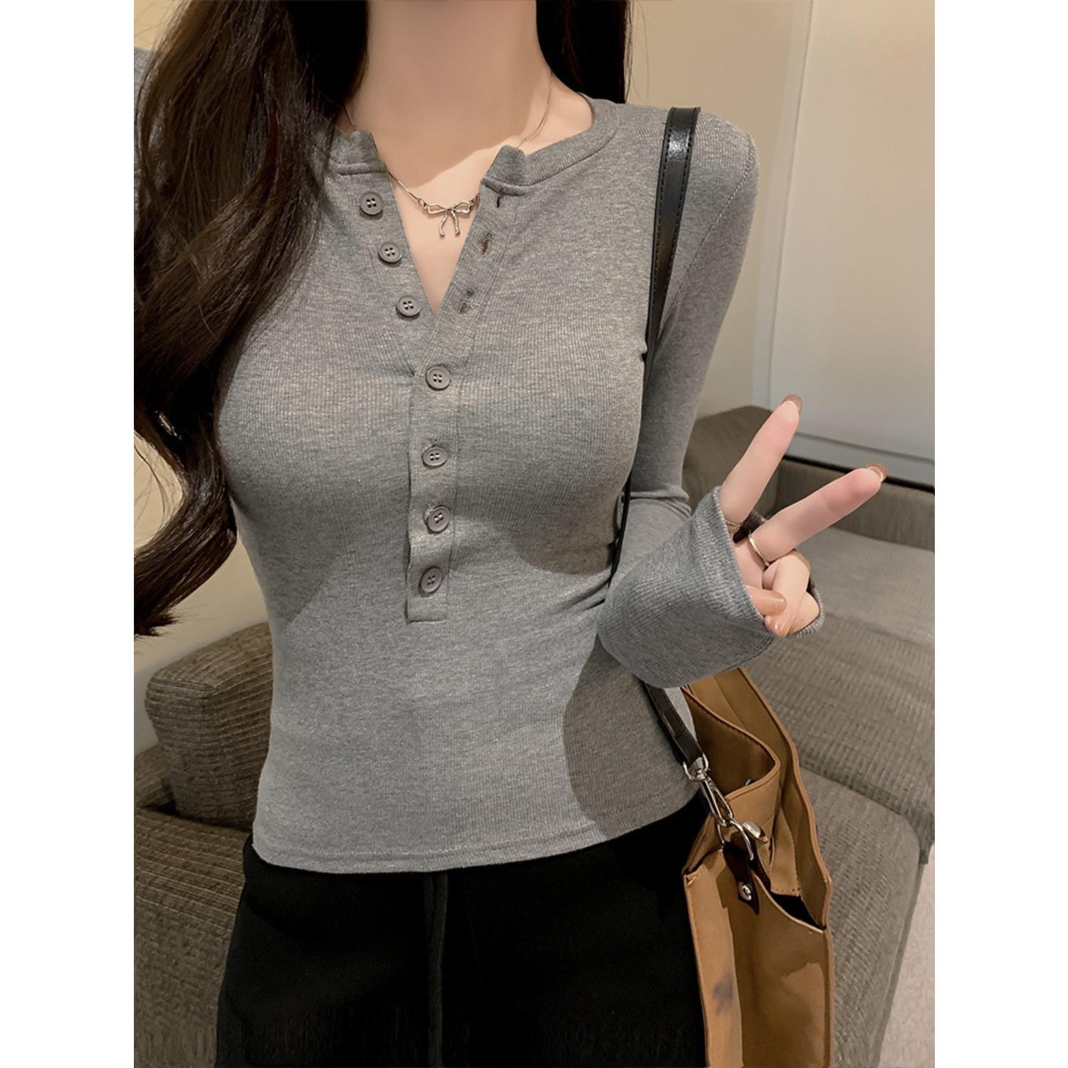 Women s Half Placket Long Sleeve Tunic Top Slim Fit Solid Color Button Down Tee S