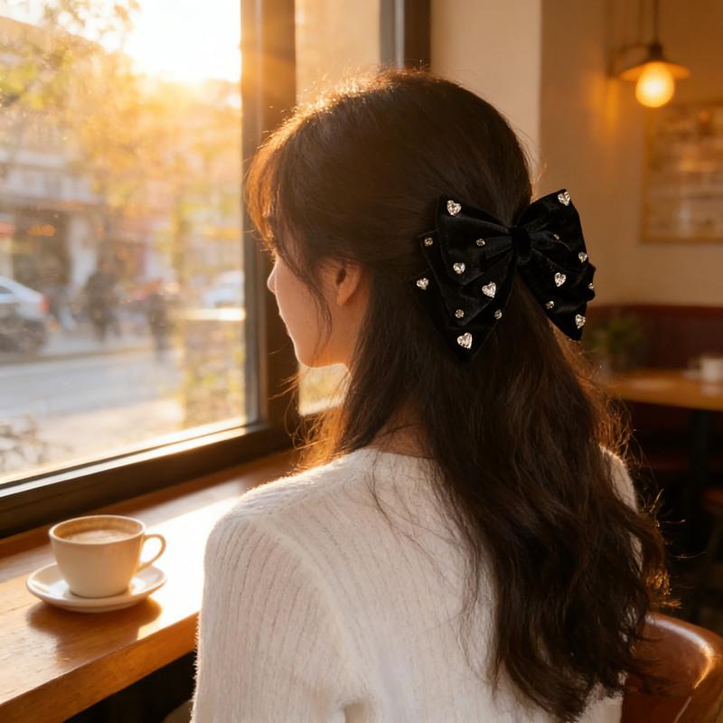 Elegant French Bow Rhinestone Hair Clip For Women Black Adorned Hairpin With Large Statement Bow Sparkling Hair Accessories