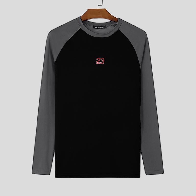 INCERUN Men Round Neck Long Sleeve Stitching Print Tops Fitted Undershirts