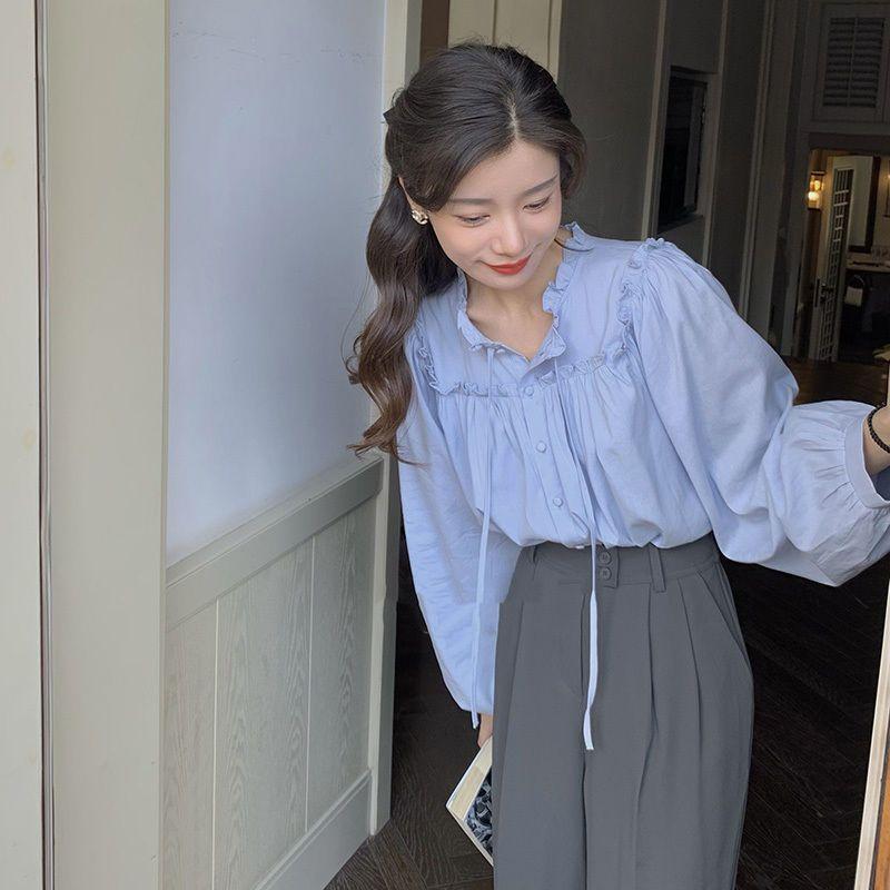 

Французская рубашка с длинным рукавом для женщин, свободная, 2024, весенние топы с завязками, винтажная блузка M синий